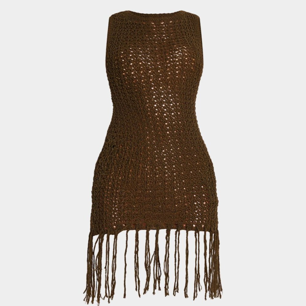 New NWT Crochet Boat Neck Mini Dress with Fringe Trim Olive Size S Small